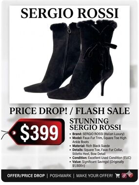 Sergio Rossi Italian Black Suede Faux-Fur Trim Square Toe High Ankle Boots EUC